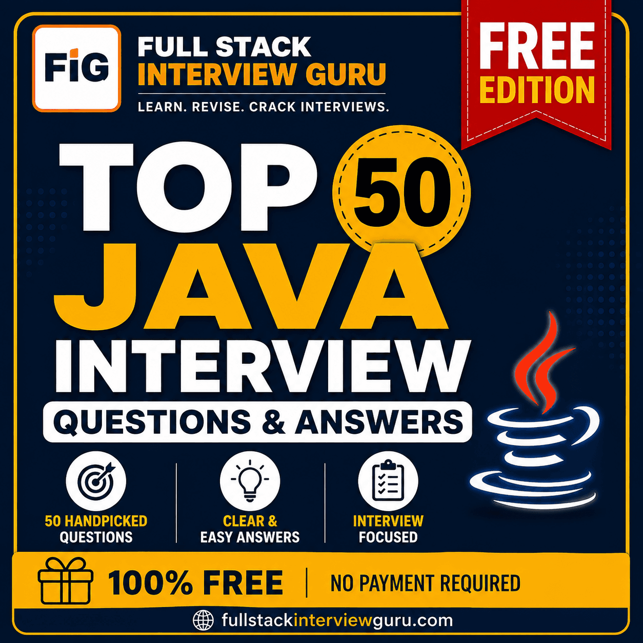 Cover of the FIG ebook 'Top 50 Java Interview Questions & Answers — Free Edition', a quick revision guide for Java interviews